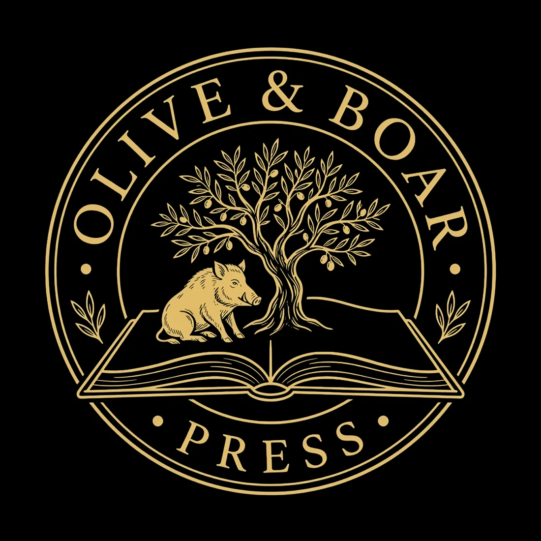 Olive & Boar Press seal: an olive tree and a wild boar resting on an open book, set in a gold ring on black.